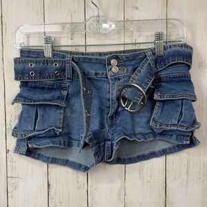 Angel Kiss Women's Y2K Style Blue Belted Cargo Denim Shorts Size XS
